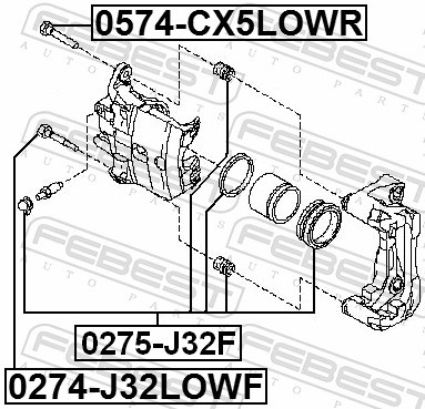 FEBEST Ledebolt, bremsekaliper 0274j32lowf foraksel nede for FORD HONDA LADA MAZDA NISSAN SUBARU SUZUKI CHERY