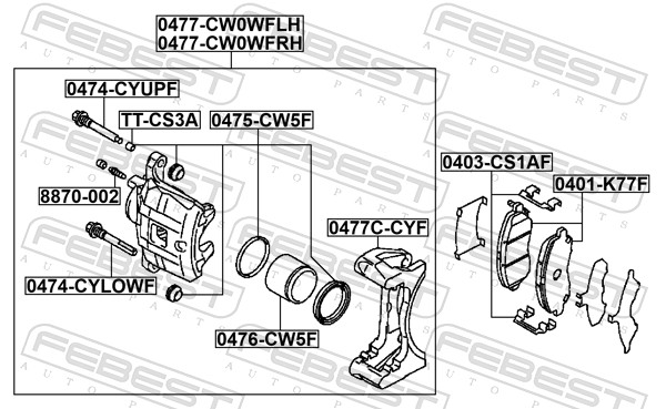 FEBEST Bremsekaliper 0477-CW0WFLH venstre foraksel for CITROËN/PEUGEOT MITSUBISHI ALFAROME/FIAT/LANCI CHRYSLER