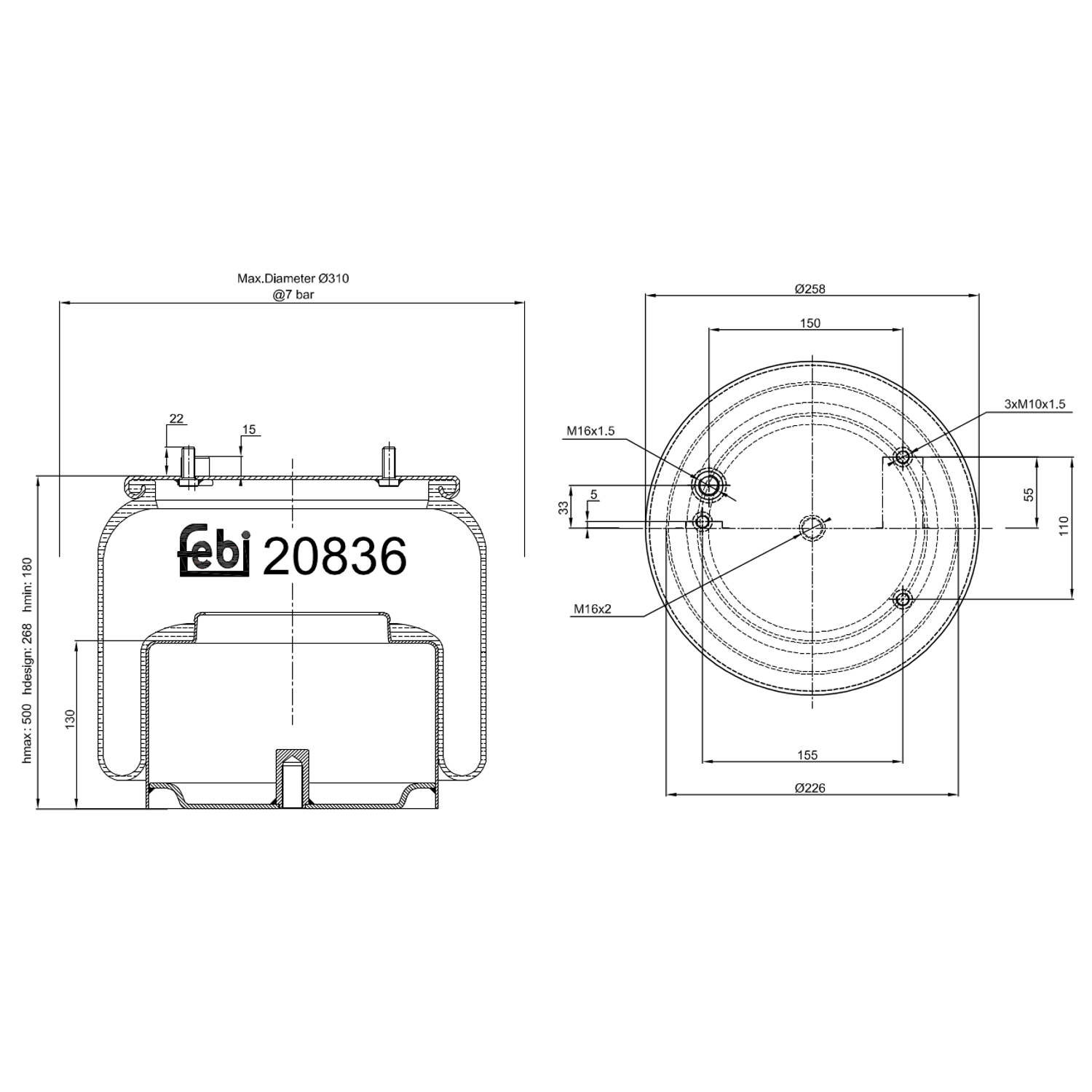 FEBI BILSTEIN 20836 Bagaksel højre 259mm for DAF