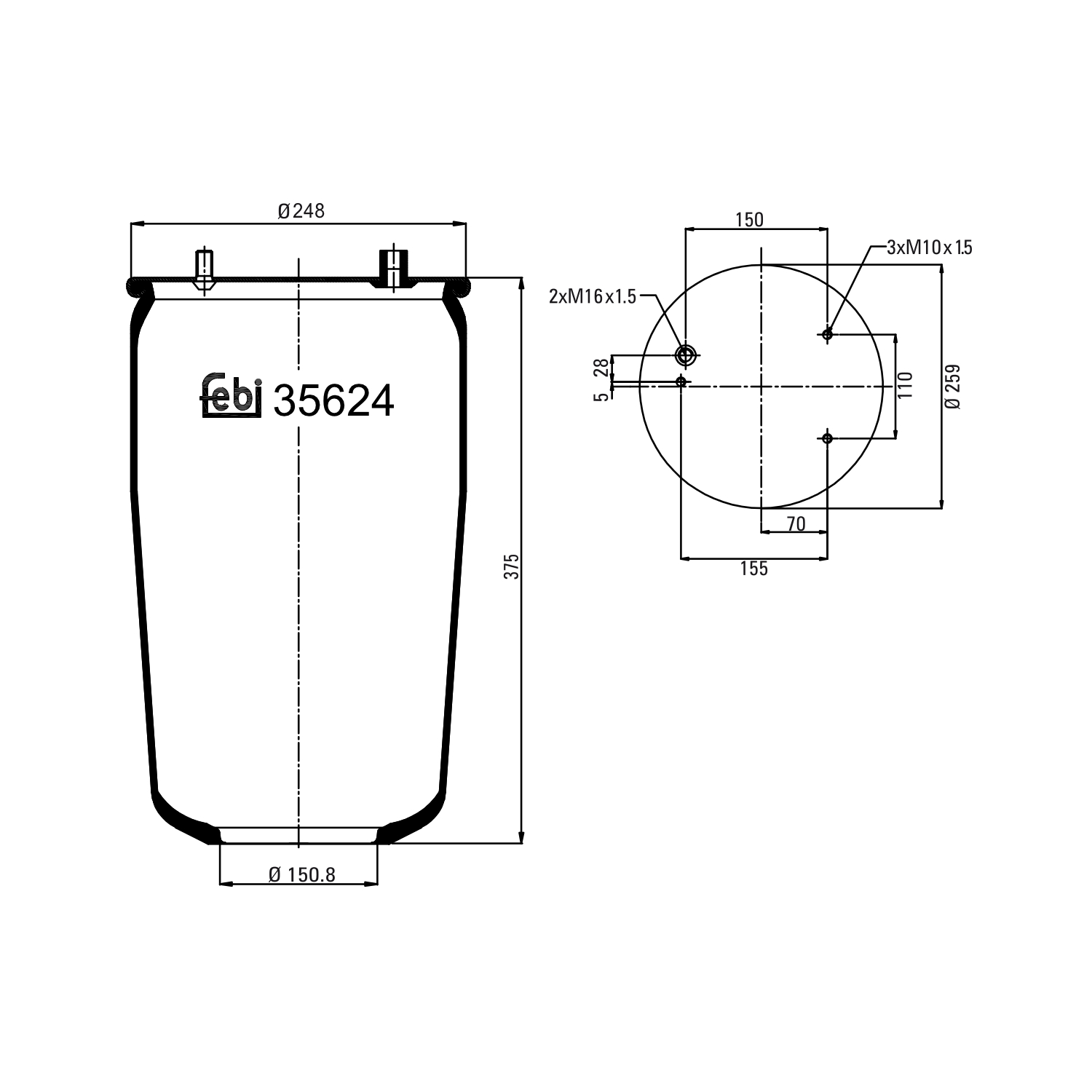 FEBI BILSTEIN 35624 Bagaksel højre 248mm for DAF