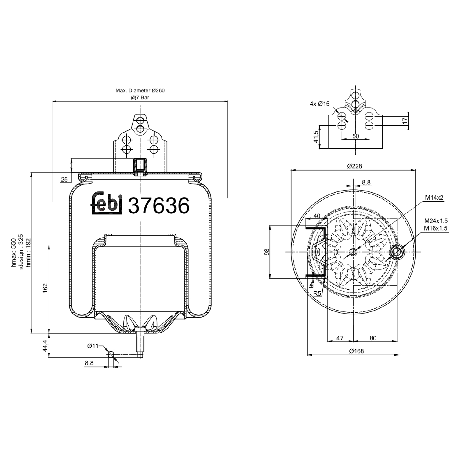 FEBI BILSTEIN 37636 Bagaksel højre 228mm for VOLVO