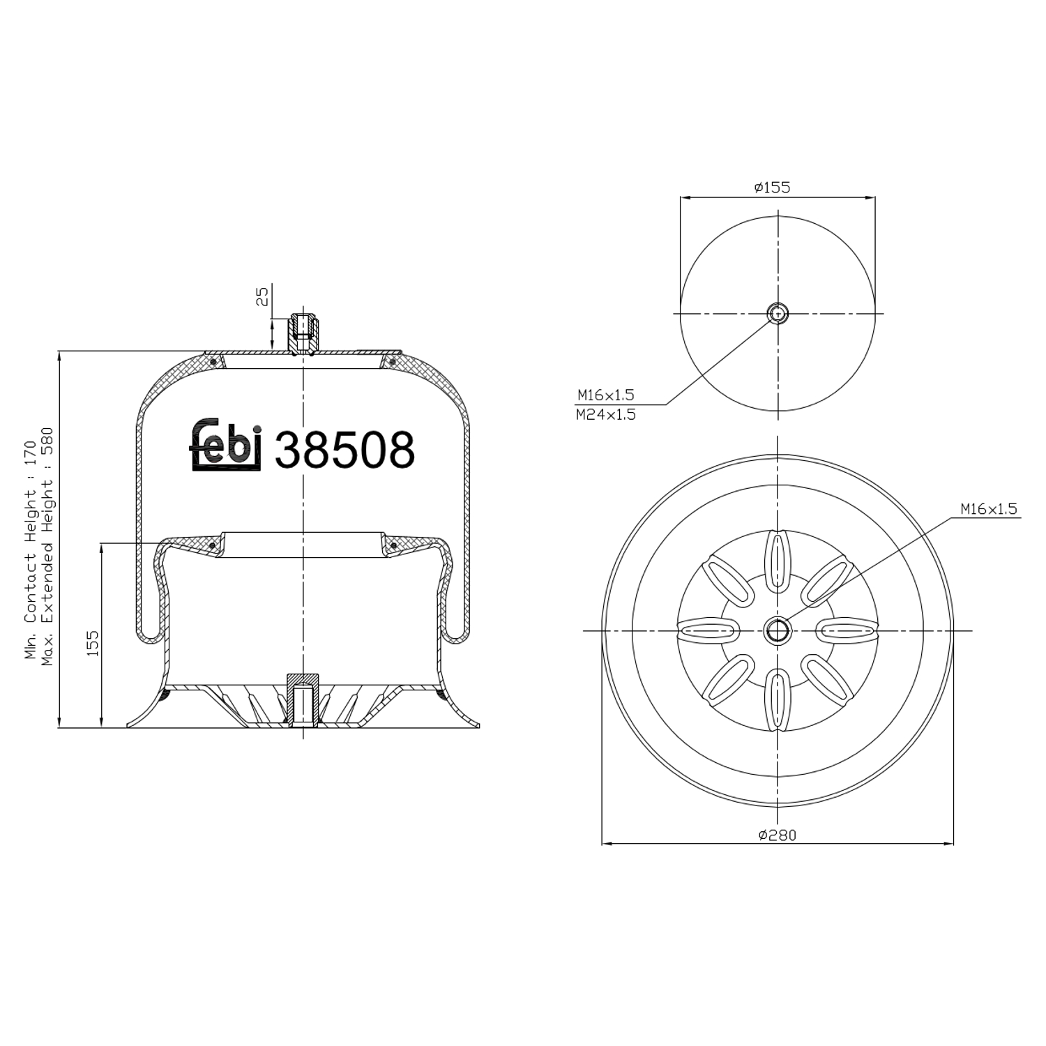 FEBI BILSTEIN 38508 højre foraksel 280mm for MERCEDES-BENZ