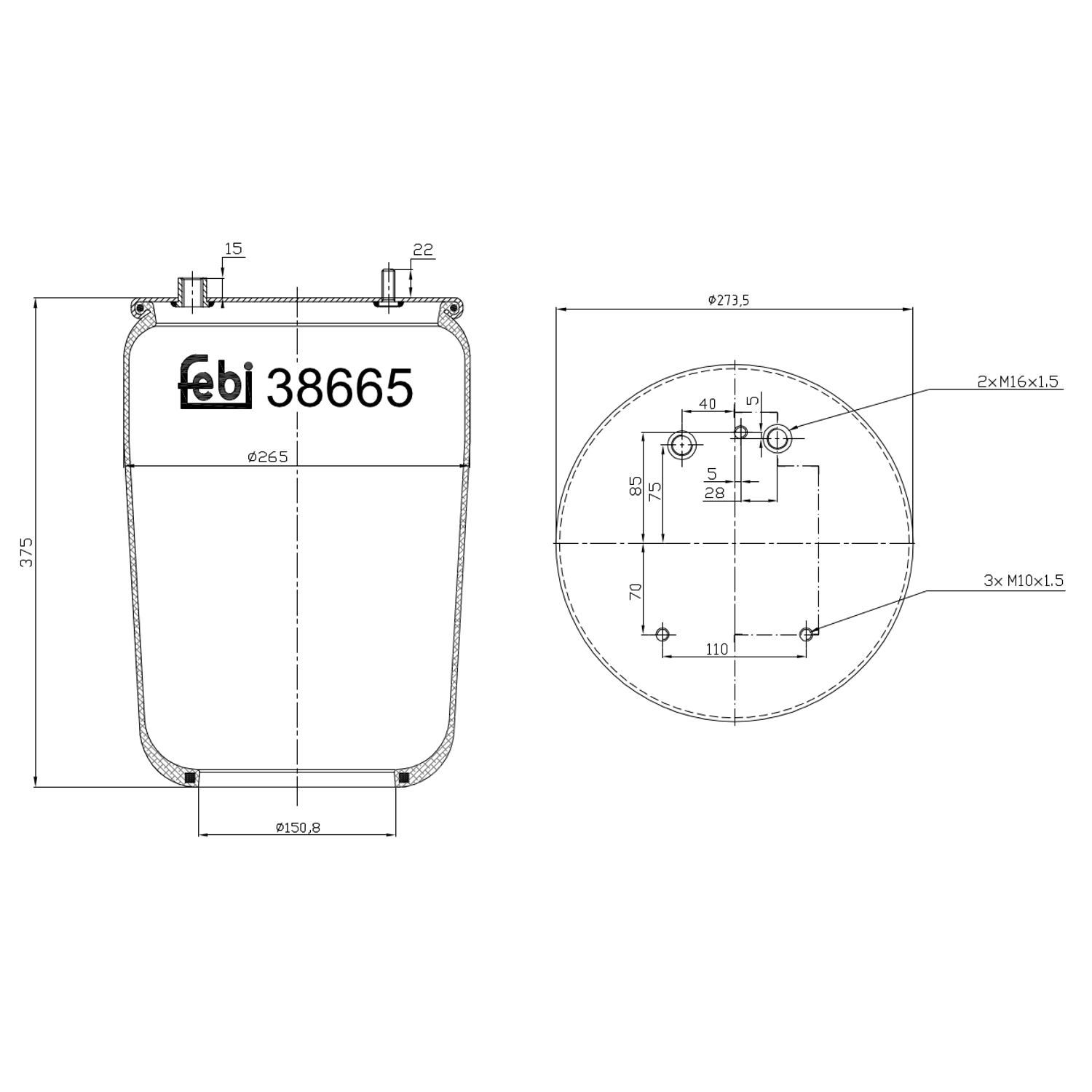 FEBI BILSTEIN 38665 Bagaksel højre 258mm for DAF