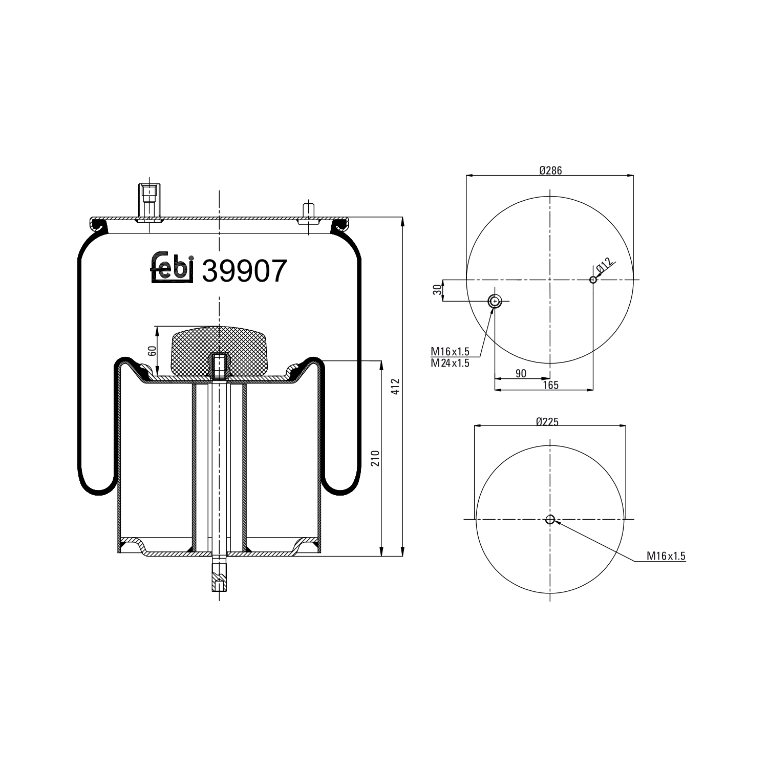 FEBI BILSTEIN 39907 Bagaksel højre 225mm for VOLVO RENAULT TRUCKS