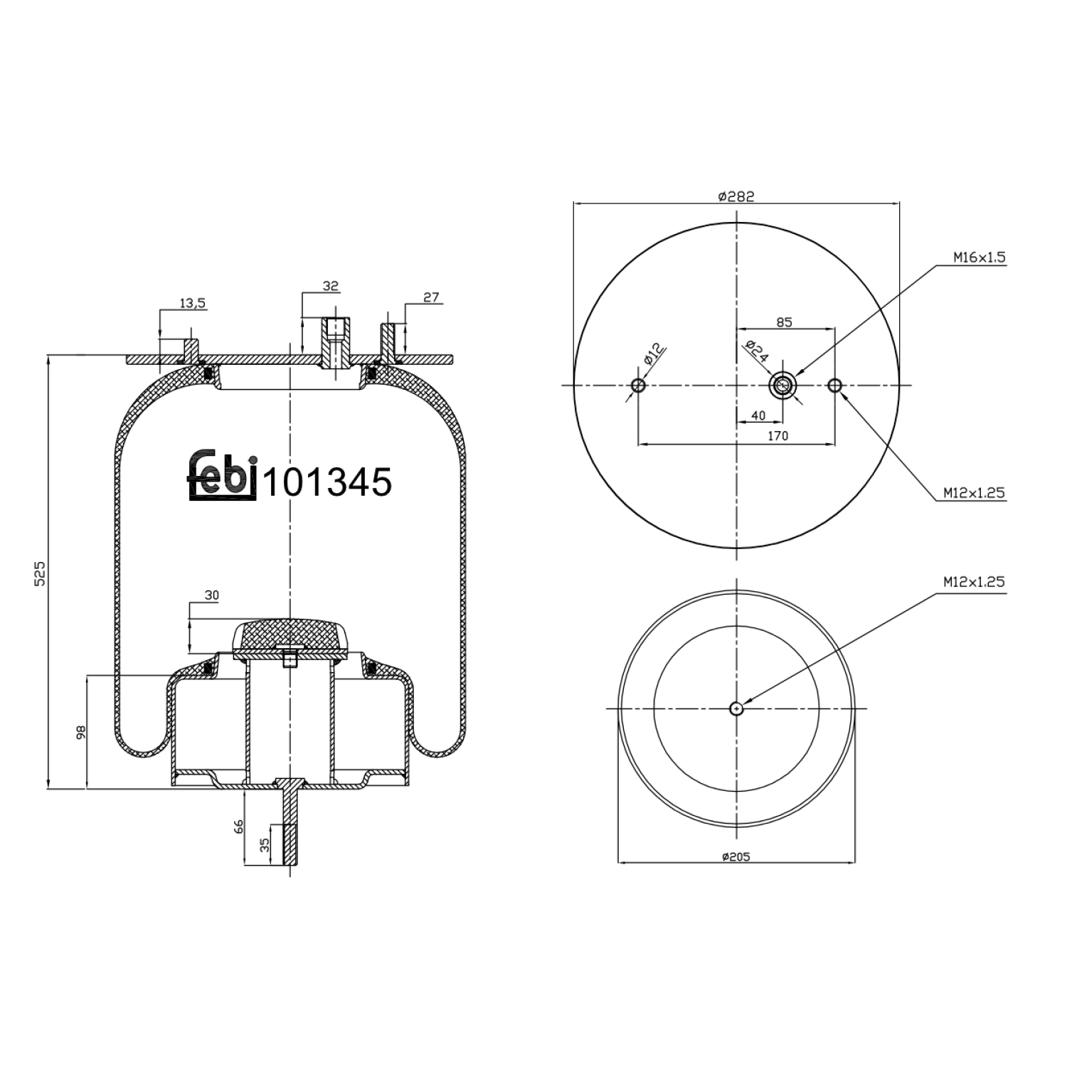 FEBI BILSTEIN 101345 højre foraksel 205mm for RENAULT TRUCKS