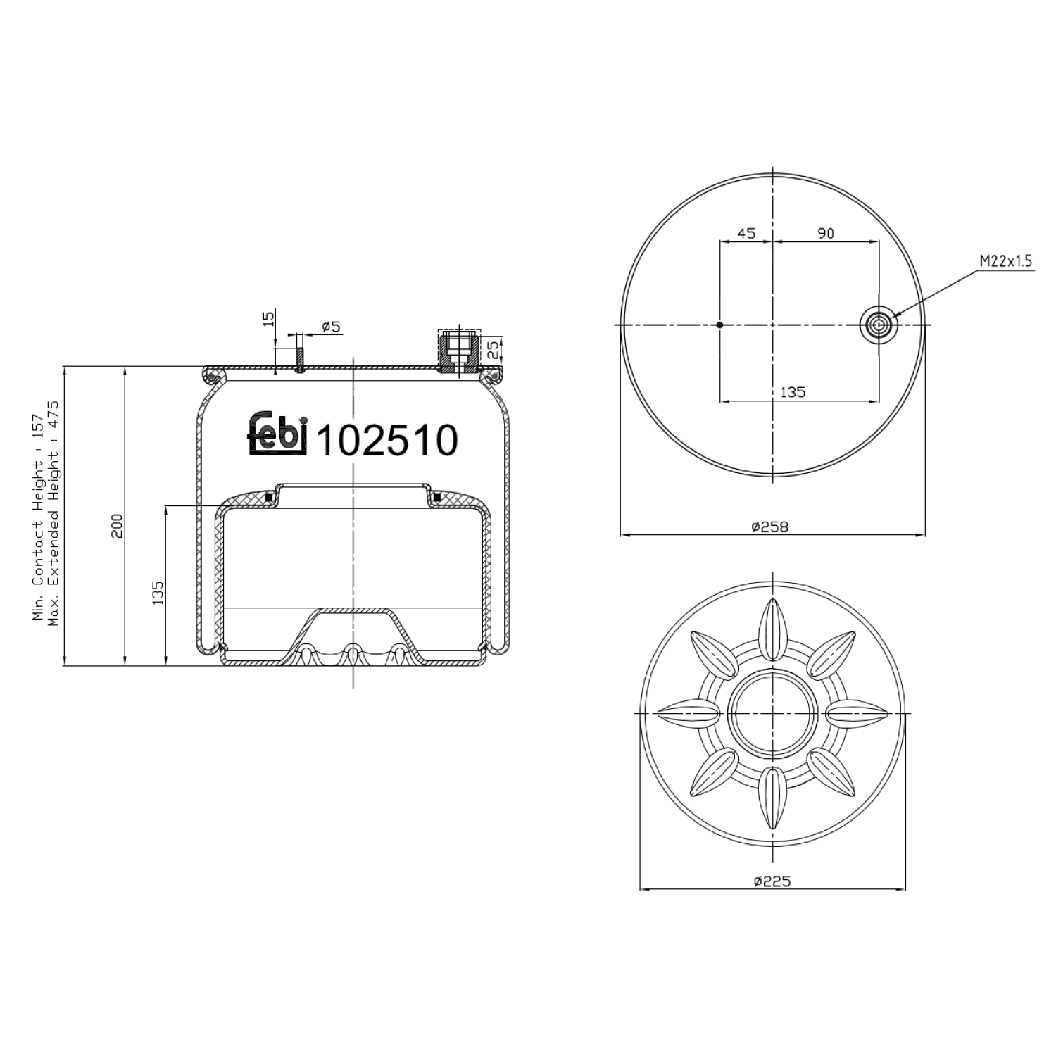 FEBI BILSTEIN 102510 Bagaksel højre 226mm for MERCEDES-BENZ