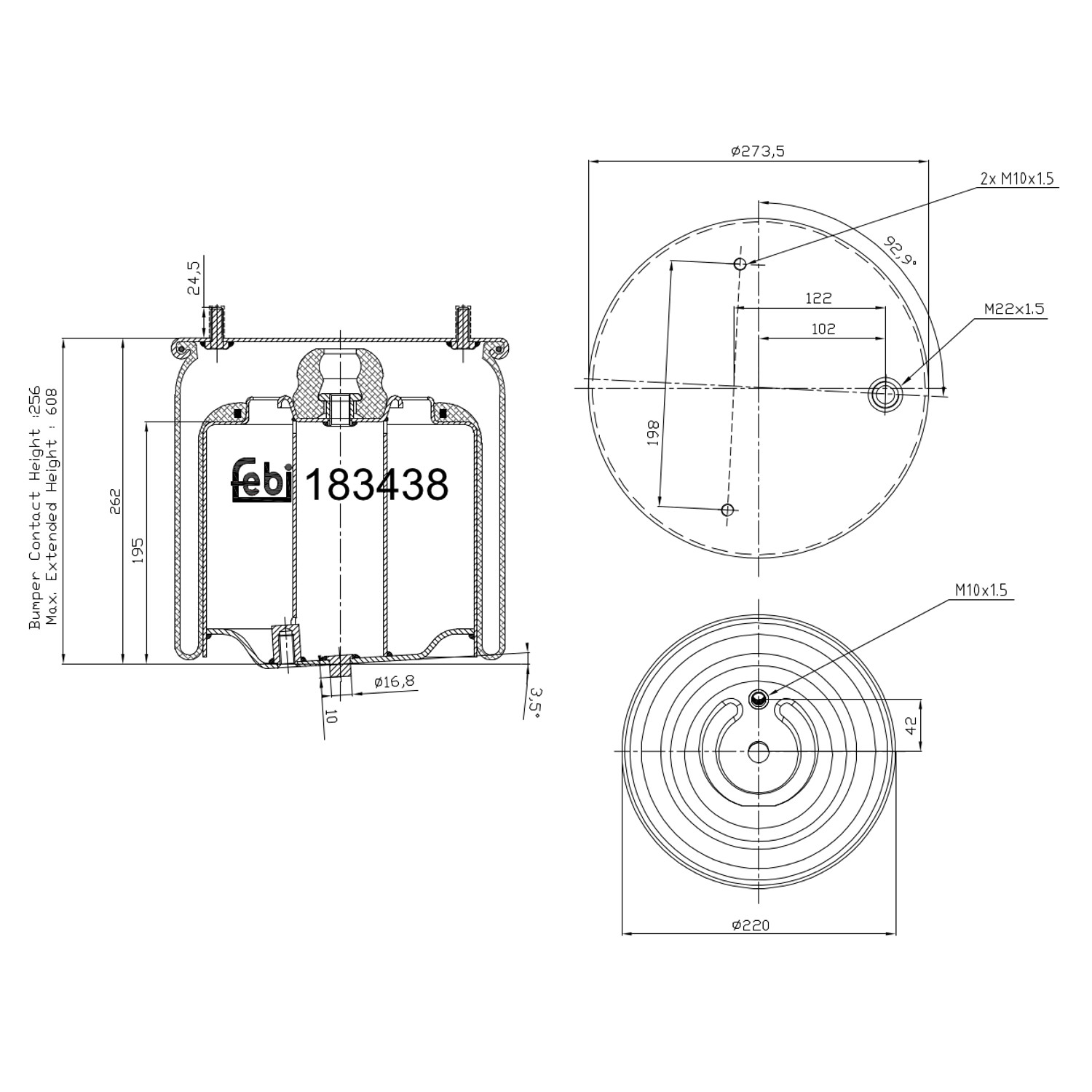 FEBI BILSTEIN 183438 højre foraksel 220mm for DAF
