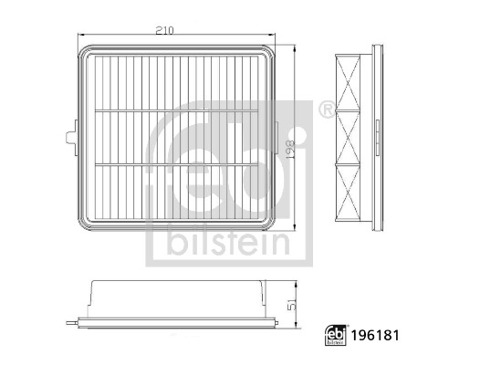 FEBI BILSTEIN Luftfilter 196181 Filterindsats length_mm_203|Længde [mm]|214 width_mm_206|Bredde [mm]|199 height_mm_209|Højde [mm]|50 50mm for HYUNDAI