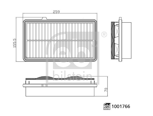 FEBI BILSTEIN Luftfilter 1001766 Filterindsats length_mm_203|Længde [mm]|259 width_mm_206|Bredde [mm]|155 height_mm_209|Højde [mm]|70 supplementary_ar