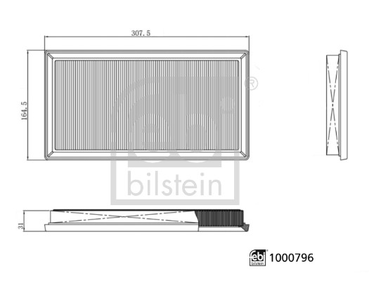 FEBI BILSTEIN Luftfilter 1000796 Filterindsats length_mm_203|Længde [mm]|307 width_mm_206|Bredde [mm]|164 height_mm_209|Højde [mm]|32 32mm for VW CUP