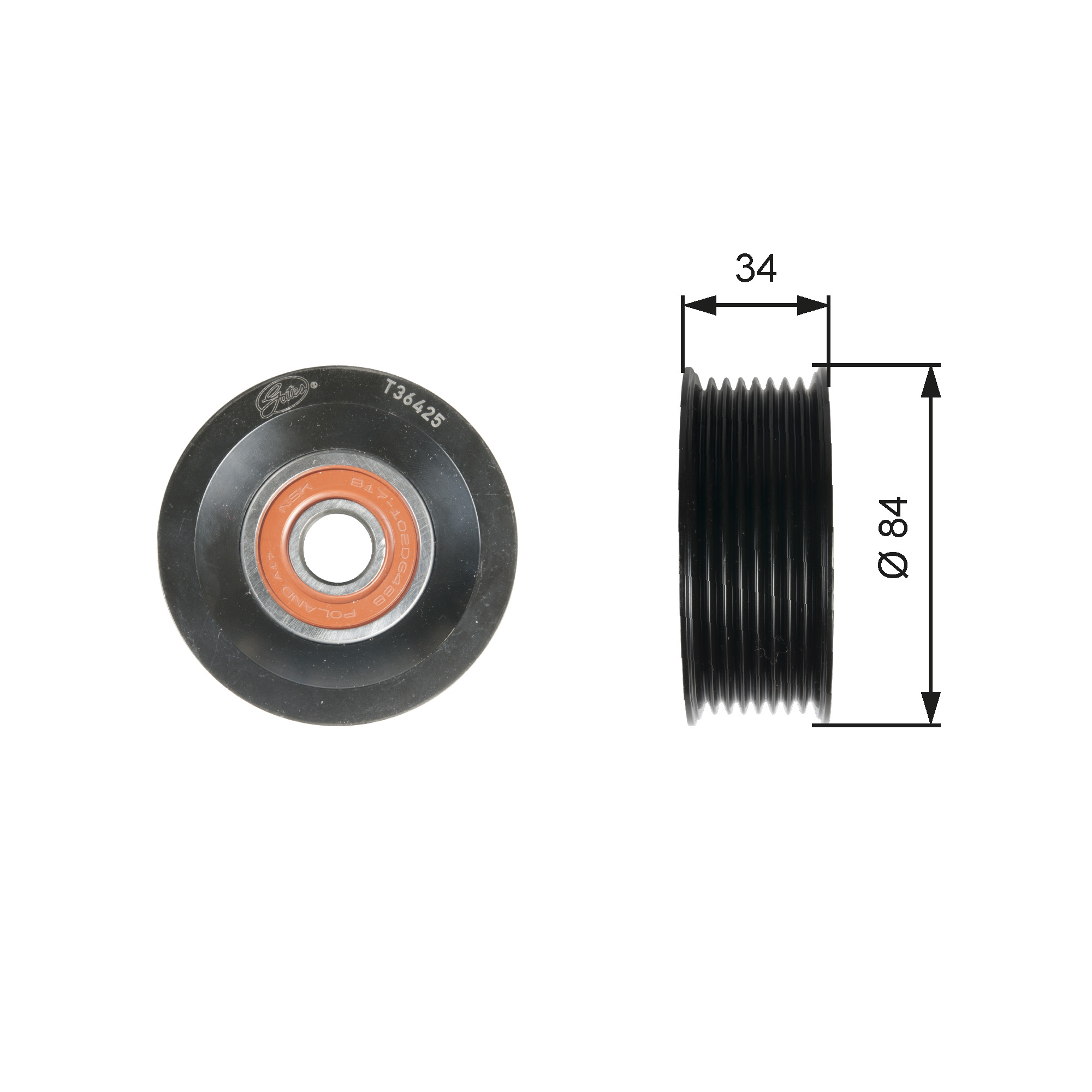 GATES Medløberhjul, multi-V-rem t36425 for MAZDA