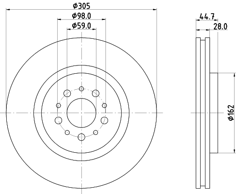 HELLA Bremseskive 8DD 355 106-171 305mm 28mm for BMW ALFA ROMEO
