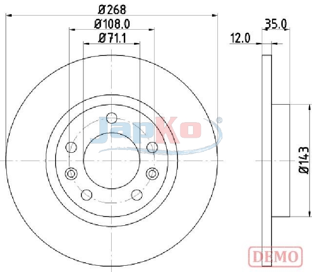 JAPKO Bremseskive 610408c bagaksel fuld 268mm 12mm for VAUXHALL PEUGEOT TOYOTA