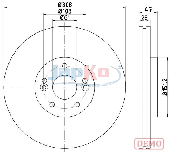 JAPKO Bremseskive 600713c foraksel ventileret 308mm 28mm for RENAULT