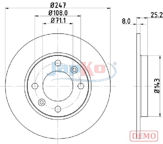 JAPKO Bremseskive 610615c bagaksel 247mm 8mm for CITROËN PEUGEOT