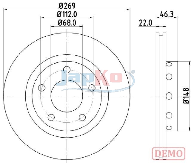 JAPKO Bremseskive 610913c bagaksel ventileret 269mm 22mm for AUDI VAG
