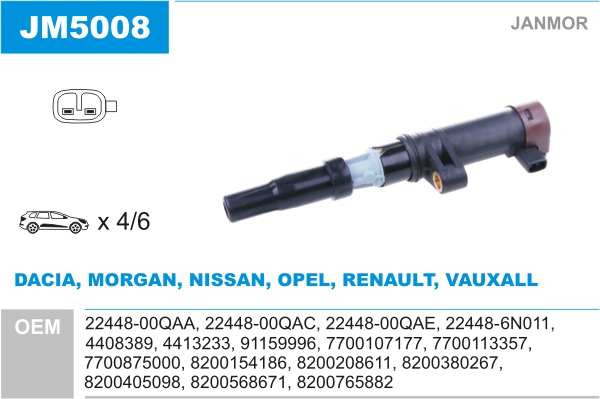 JANMOR Tændspole jm5008 for VAUXHALL NISSAN RENAULT