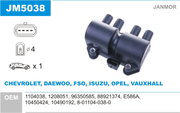 JANMOR Tændspole jm5038 for VAUXHALL OPEL DAEWOO ISUZU