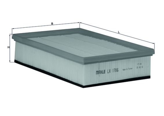 MAHLE Luftfilter lx1706 Filterindsats length_mm_203|Længde [mm]|280 width_mm_206|Bredde [mm]|180 height_mm_209|Højde [mm]|57 seal_material_2923|Materi