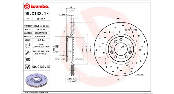 MAGNETI MARELLI Bremseskive 360406176802 perforeret 304mm 28mm for PEUGEOT OPEL DS TOYOTA CITROËN (DF-PSA)