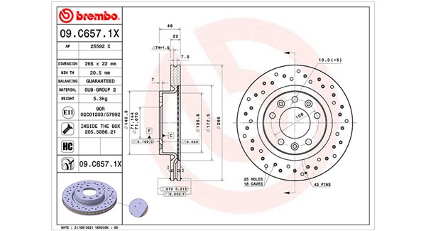 MAGNETI MARELLI Bremseskive 360406176902 perforeret 266mm 22mm for PEUGEOT