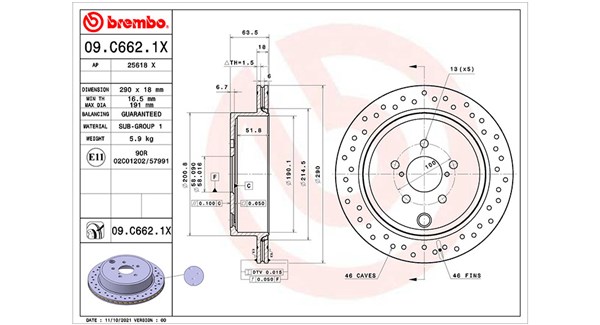 MAGNETI MARELLI Bremseskive 360406177002 perforeret 290mm 18mm for SUBARU TOYOTA