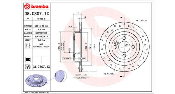 MAGNETI MARELLI Bremseskive 360406177902 perforeret 280mm 10mm for MINI