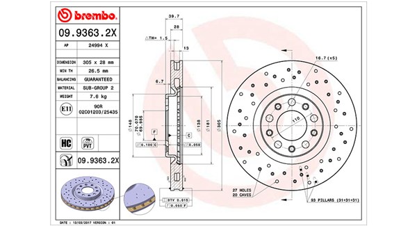 MAGNETI MARELLI Bremseskive 360406133002 Indvendig ventileret- ventilering med dråbeformede blade 305mm 28mm for ALFA ROMEO FIAT (GAC) CHRYSLER DODGE