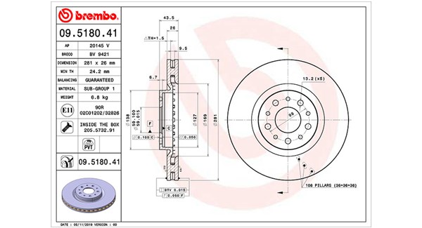MAGNETI MARELLI Bremseskive 360406165801 Indvendig ventileret- ventilering med dråbeformede blade 281mm 26mm for FIAT