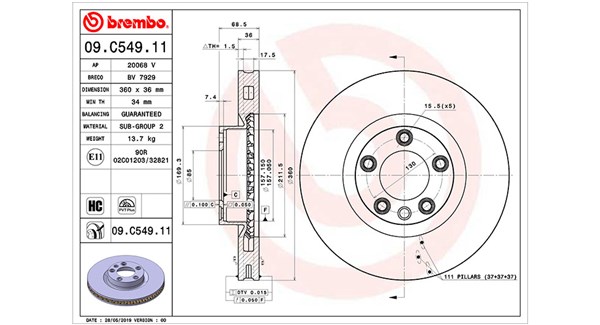 MAGNETI MARELLI Bremseskive 360406166201 Indvendig ventileret- ventilering med dråbeformede blade 360mm 36mm for PORSCHE VW