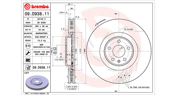 MAGNETI MARELLI Bremseskive 360406169101 360mm 36mm for PORSCHE