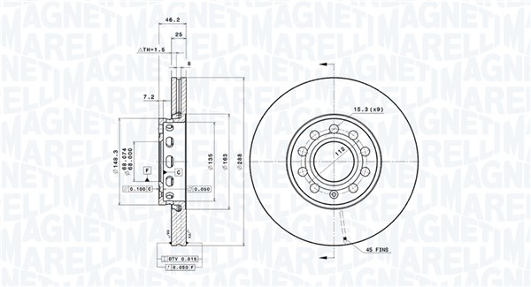 MAGNETI MARELLI Bremseskive 360406001301 ventileret 288mm 25mm for AUDI SKODA SEAT VW AUDI (FAW)