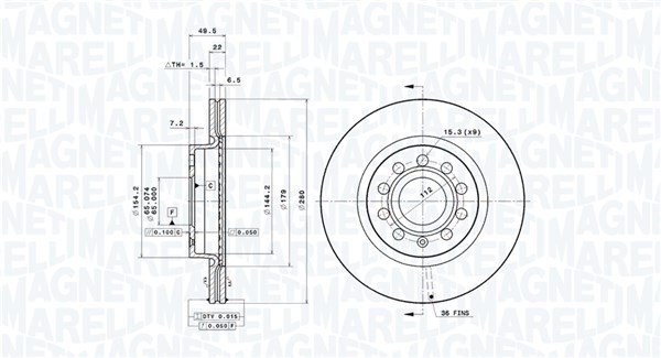 MAGNETI MARELLI Bremseskive 360406002001 ventileret 280mm 22mm for VW VW (FAW) SKODA (SVW)