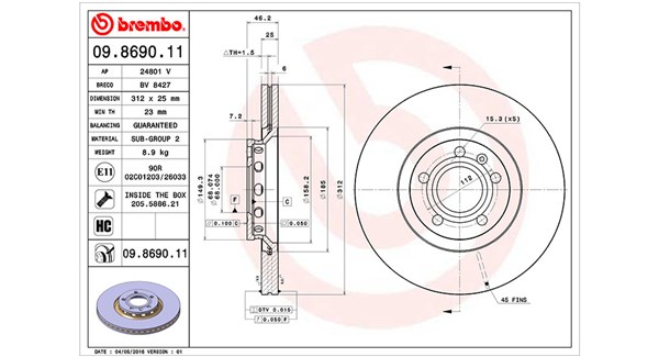 MAGNETI MARELLI Bremseskive 360406001601 ventileret 312mm 25mm for VW AUDI VW (SVW) AUDI (FAW)