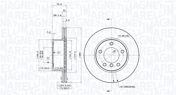MAGNETI MARELLI Bremseskive 360406004601 ventileret 284mm 22mm for BMW