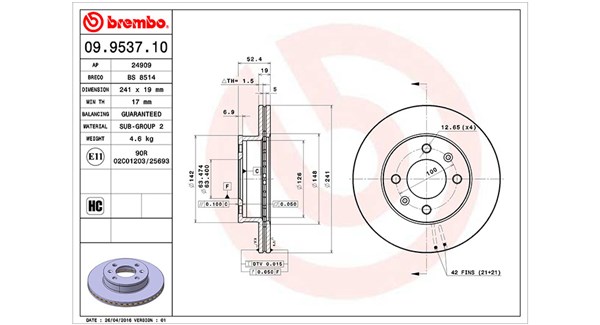 MAGNETI MARELLI Bremseskive 360406004900 ventileret 241mm 19mm for HYUNDAI