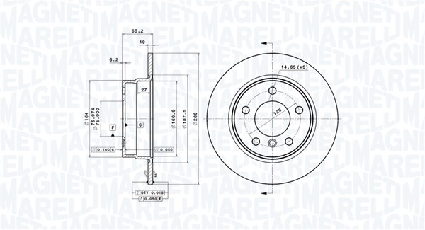 MAGNETI MARELLI Bremseskive 360406004801 fuld 280mm 10mm for BMW