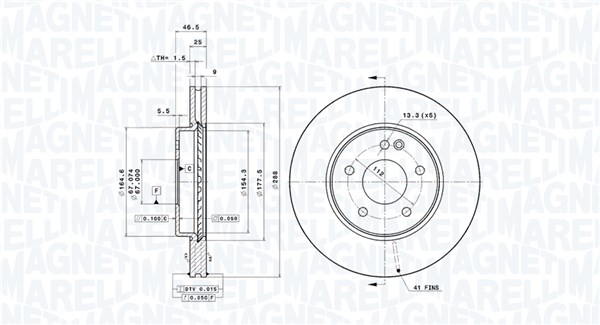 MAGNETI MARELLI Bremseskive 360406006301 ventileret 288mm 25mm for MERCEDES-BENZ