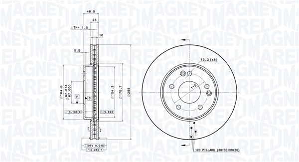 MAGNETI MARELLI Bremseskive 360406006901 Indvendig ventileret- ventilering med dråbeformede blade 288mm 25mm for MERCEDES-BENZ
