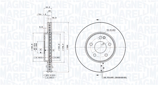 MAGNETI MARELLI Bremseskive 360406007501 Indvendig ventileret- ventilering med dråbeformede blade 288mm 25mm for MERCEDES-BENZ
