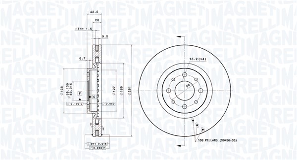 MAGNETI MARELLI Bremseskive 360406010401 Indvendig ventileret- ventilering med dråbeformede blade 281mm 26mm for LANCIA FIAT ALFA ROMEO