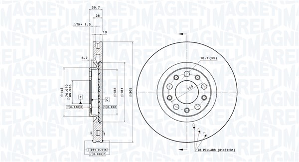 MAGNETI MARELLI Bremseskive 360406011301 Indvendig ventileret- ventilering med dråbeformede blade 305mm 28mm for ALFA ROMEO FIAT (GAC) FIAT JEEP CHRY