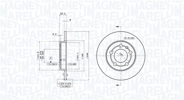 MAGNETI MARELLI Bremseskive 360406013201 fuld 239mm 9mm for VW