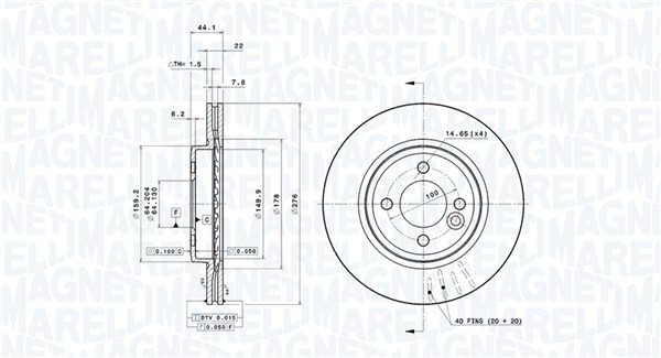 MAGNETI MARELLI Bremseskive 360406017401 ventileret 276mm 22mm for MINI