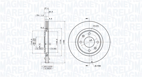 MAGNETI MARELLI Bremseskive 360406017801 ventileret 266mm 20mm for CITROËN PEUGEOT