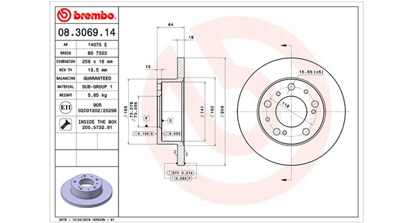 MAGNETI MARELLI Bremseskive 360406020900 256mm 16mm for TALBOT FIAT CITROËN PEUGEOT
