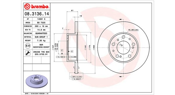 MAGNETI MARELLI Bremseskive 360406021300 290mm 16mm for PEUGEOT TALBOT CITROËN FIAT