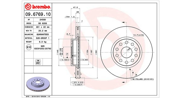 MAGNETI MARELLI Bremseskive 360406029000 281mm 22mm for LANCIA