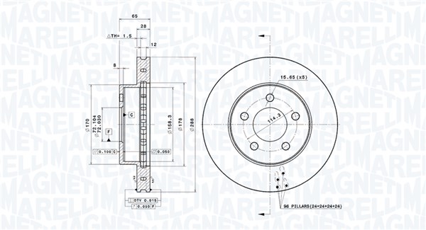 MAGNETI MARELLI Bremseskive 360406030001 Indvendig ventileret- ventilering med dråbeformede blade 288mm 28mm for CHRYSLER JEEP