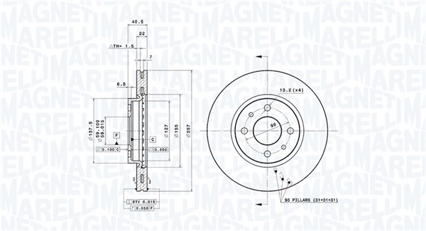 MAGNETI MARELLI Bremseskive 360406029401 Indvendig ventileret- ventilering med dråbeformede blade 257mm 22mm for PEUGEOT CITROËN LANCIA FIAT ALFA ROM